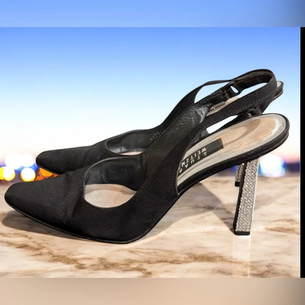 Stuart Weitzman Black satin and Silver rhinestone Embellished Heels size 9 b